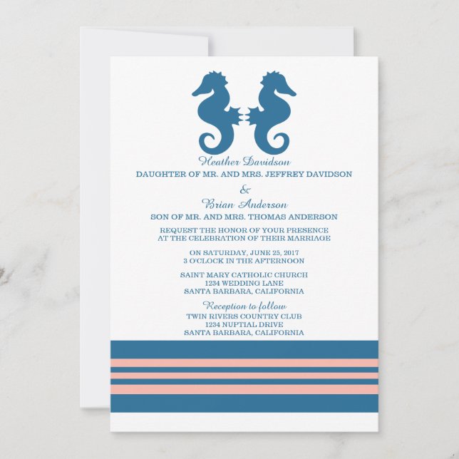 Invitation Corail Bleu Nautique Mariage (Devant)