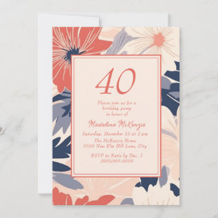 Invitation Corail Bleu Nuit Crème Floral Femme 40e Anniversai