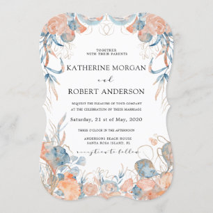 Invitation corail bleu velours floral romantique Mariage
