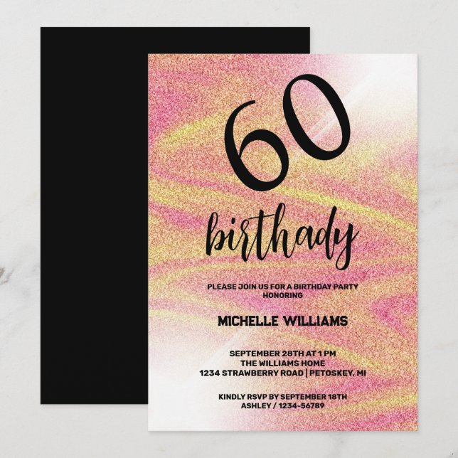 Invitation Corail Calligraphie Anniversaire Paillettes Argent (Devant / Derrière)