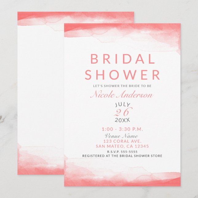 Invitation Corail Chaud Aquarelle Lumineuse Fête de Mariage M (Devant / Derrière)
