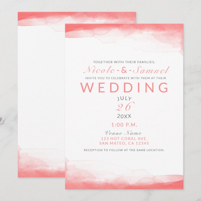 Invitation Corail Chaud Eau Claire Aquarelle Mariage Moderne  (Devant / Derrière)