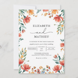 Invitation Corail chaud et jardin fleuri vert Mariage