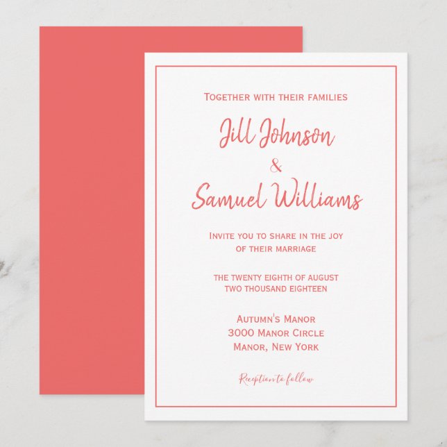 Invitation Corail chic et Mariage blanc (Devant / Derrière)