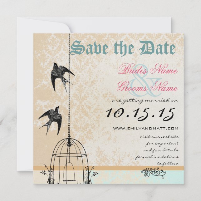 Invitation Corail Damassé Cage à Oiseaux Mariage Enregistrer  (Devant)
