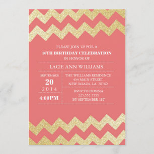 Invitation Corail de la fête d'anniversaire de Chevron de