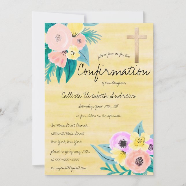 Invitation Corail de printemps Jaune Aquarelle Florale Confir (Devant)