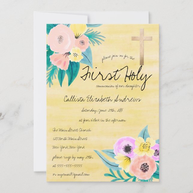 Invitation Corail de printemps Jaune d'aquarelle florale Comm (Devant)