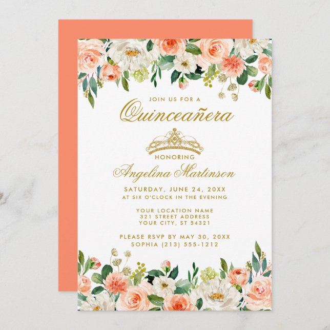 Invitation Corail de Quinceanera Couronne d'or floral (Devant / Derrière)