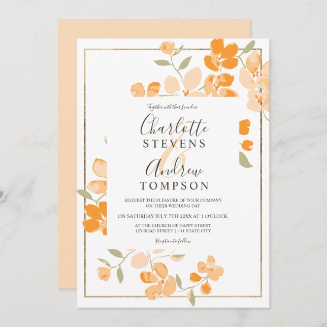 Invitation Corail d'été orange or floral aquarelle mariage (Devant / Derrière)