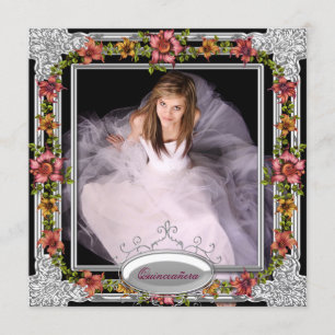 Invitation Corail d'or d'argent Fleurs roses Photo Quinceaner