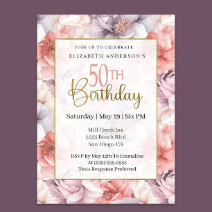 Invitation Corail Élégant et Pivoine Lavande 50e Anniversaire