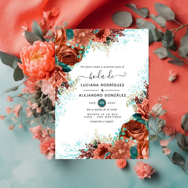 Invitation Corail espagnol et Mariage Turquoise floral (Créateur téléchargé)