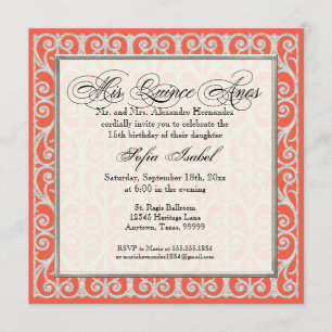 Invitation Corail et argent, diamants et dentelle, coing Anos