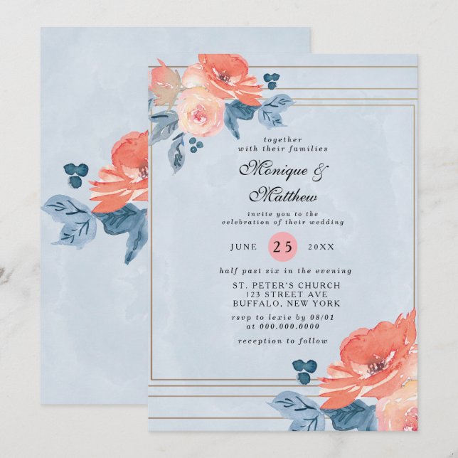 Invitation Corail et bleu Dusty Floral Mariage géométrique (Devant / Derrière)