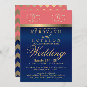 Invitation Corail et Navy Blue avec Gold Hearts - Personnalis