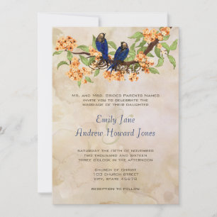 Invitation Corail et Nuit Vintage Love Birds Tache de Thé