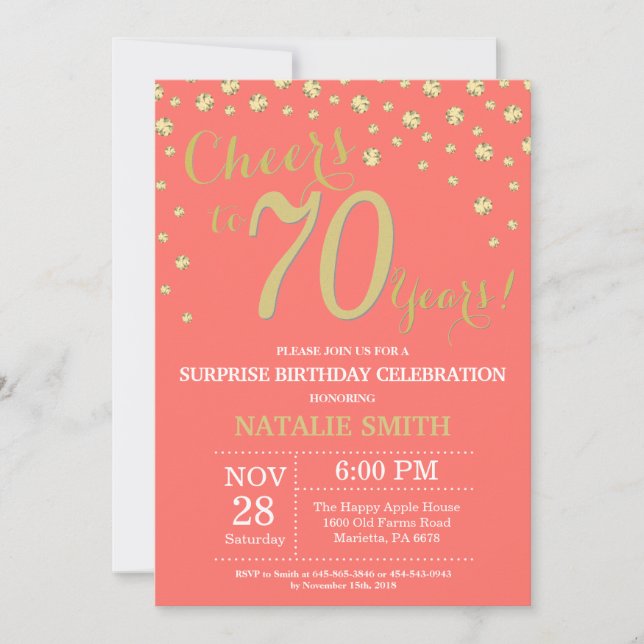Invitation Corail et or Surprise 70e Anniversaire Diamant (Devant)