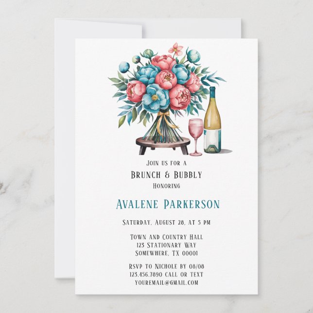 Invitation Corail et pivoines Turquoises Gold Brunch & Bubbly (Devant)