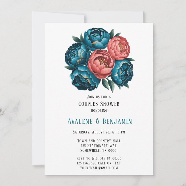 Invitation Corail et pivoines Turquoises Gold Couples Douche (Devant)
