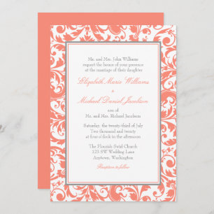 Invitation Corail et remous gris mariage damassé