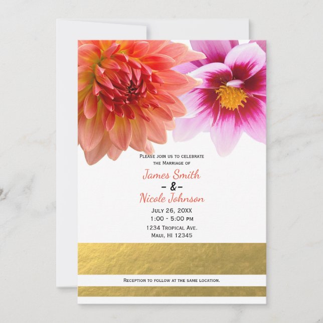 Invitation Corail et rose Dahlia Fleurs d'été Floral Mariage (Devant)