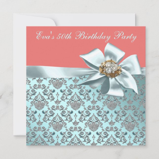 Invitation Corail et Turquoise bleu Damask 50e anniversaire (Devant)