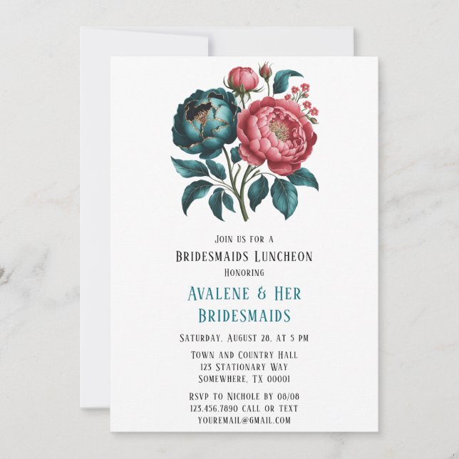 Invitation Corail et Turquoise Peonies Gold Bridesmaiers Déje (Devant)