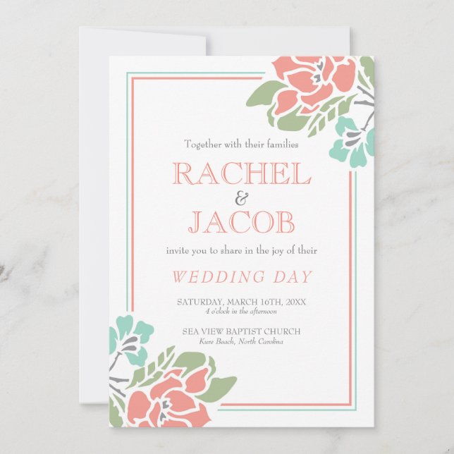 Invitation Corail floral moderne et Mariage Turquoise (Devant)