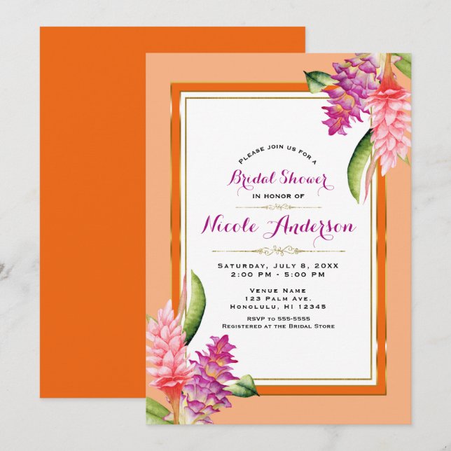 Invitation Corail floral tropical Fête des mariées orange et  (Devant / Derrière)
