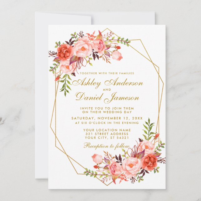 Invitation Corail géométrique Floral et Mariage or (Devant)