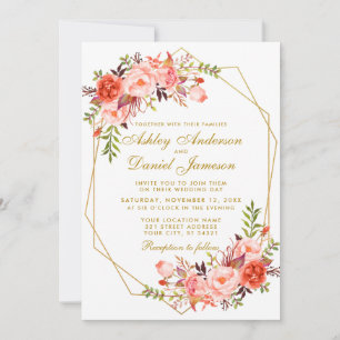Invitation Corail géométrique Floral et Mariage or