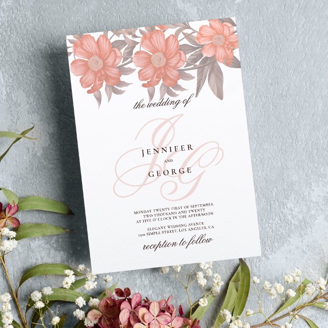 Invitation Corail gris doux monogramme initiales mariage flor (Coral soft gray monogram initials floral wedding)