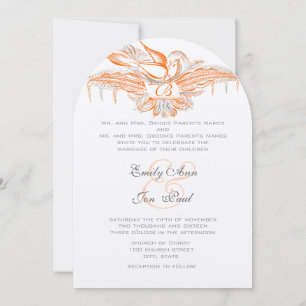 Invitation Corail & Gris Vintage Flourish Bird Wedding Invite