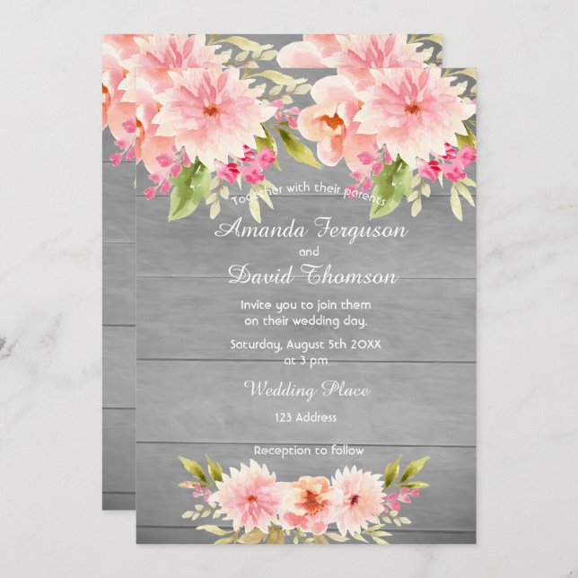 Invitation corail mariage pêche dahlia fleurs mur rustique (Devant / Derrière)