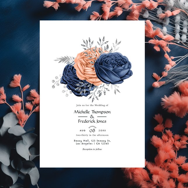 Invitation Corail, marine et Mariage floral argenté (Créateur téléchargé)