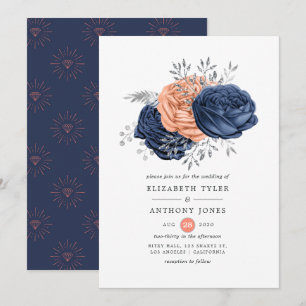 Invitation Corail, marine et Mariage floral argenté
