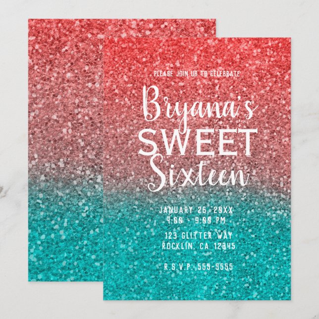 Invitation Corail Melon Orange Turquoise Aqua Paillettes Douc (Devant / Derrière)