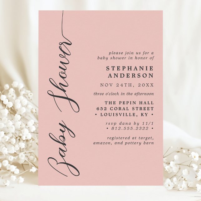 Invitation Corail mou Écriture moderne simple Baby Shower (Créateur téléchargé)