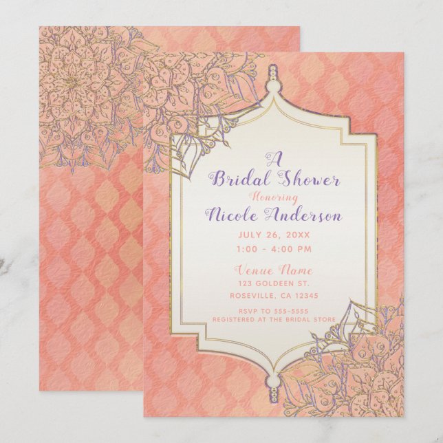 Invitation Corail Or Lavande Mariage Marocain Arabe (Devant / Derrière)