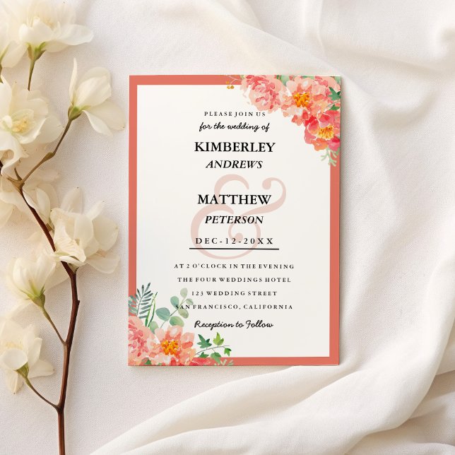 Invitation Corail orange moderne rose floral élégant Mariage (Modern orange coral pink floral elegant Wedding )
