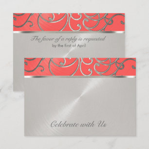 Invitation Corail Quinceanera Pinceaux roses et argentés en f