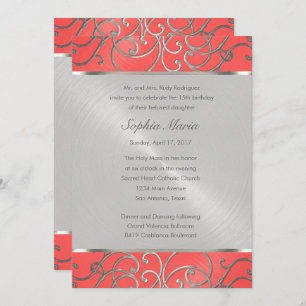 Invitation Corail Quinceanera Pinceaux roses et argentés en f
