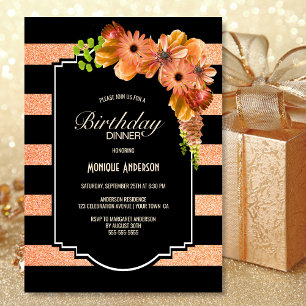 Invitation Corail rayé Floral Anniversaire Dîner