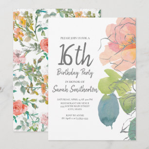 Invitation Corail rose bohème aquarelle floral Sweet 16