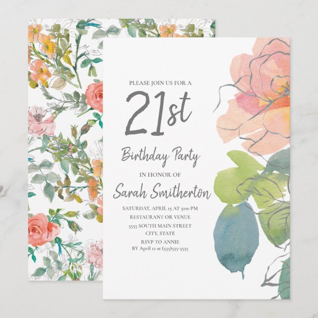 Invitation Corail Rose Bohème Fleur Aquarelle 21e Anniversair (Devant / Derrière)
