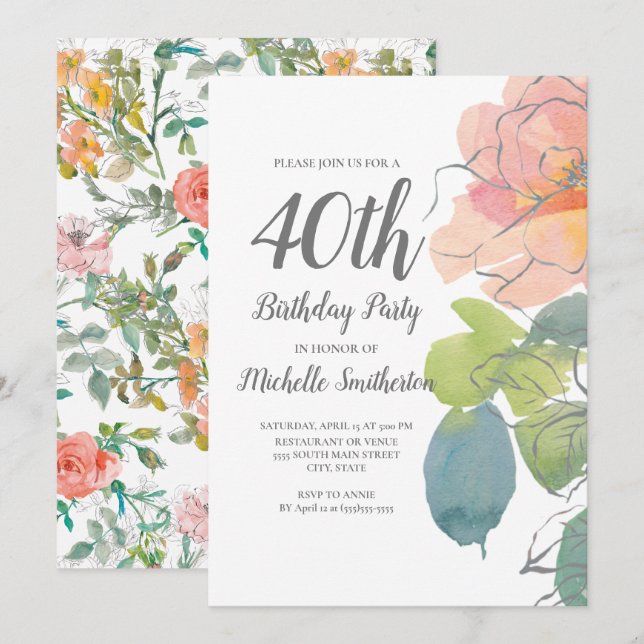 Invitation Corail rose bohème floral aquarelle 40e anniversai (Devant / Derrière)