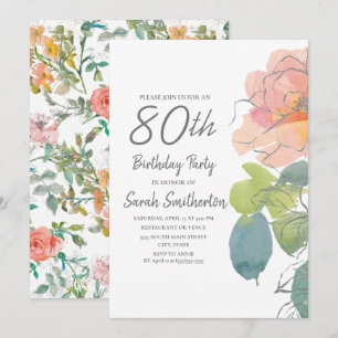Invitation Corail Rose Bohème Floral Aquarelle 80e Anniversai