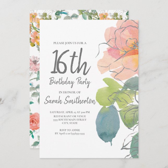 Invitation Corail rose Boho Aquarelle Floral Sweet 16 (Devant / Derrière)