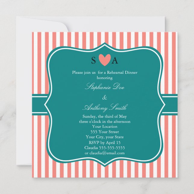 Invitation Corail rose et blanc rayures avec Turquoise (Devant)
